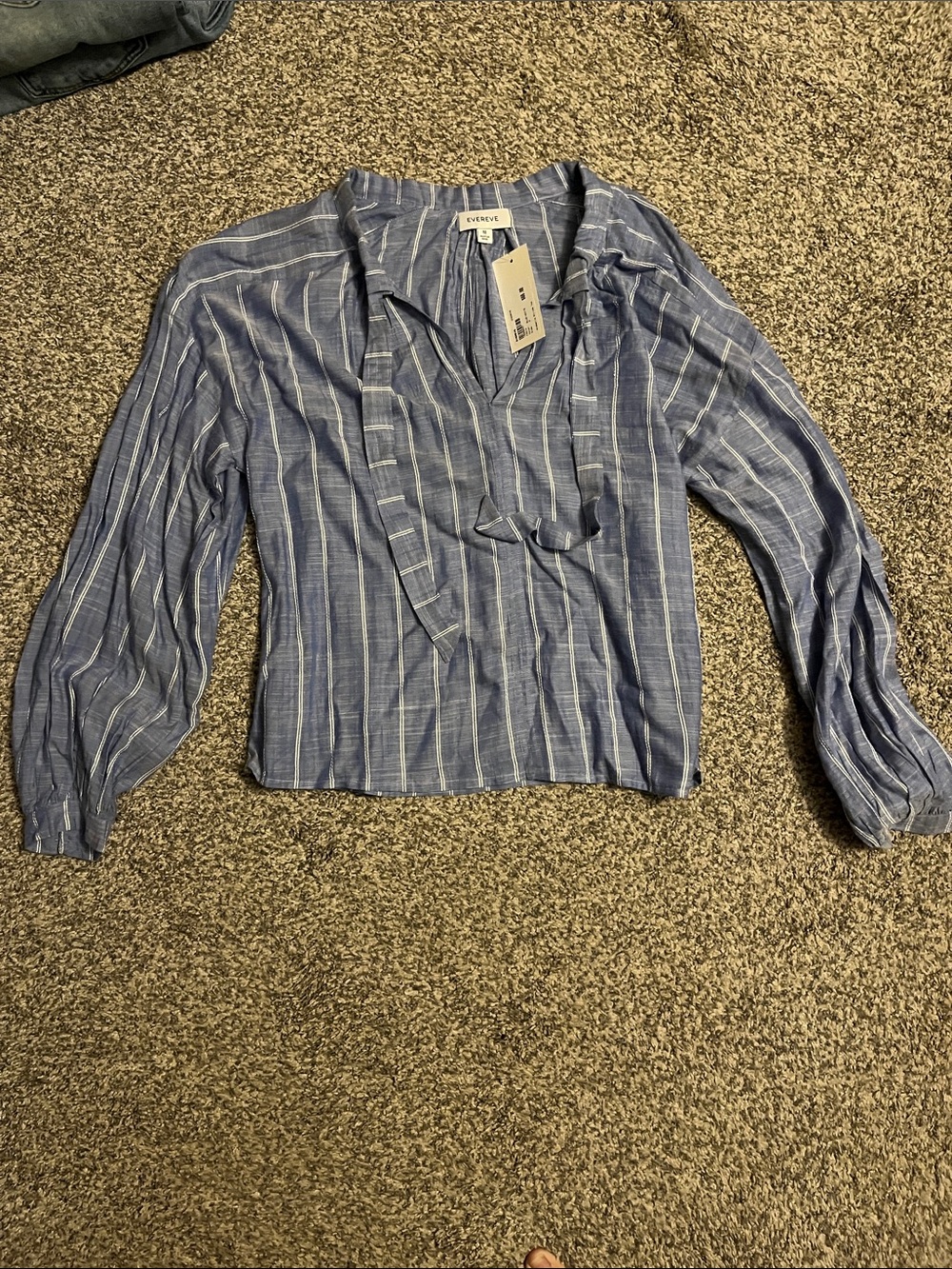 Evereve Blue and White Striped Tie-Neck Blouse
